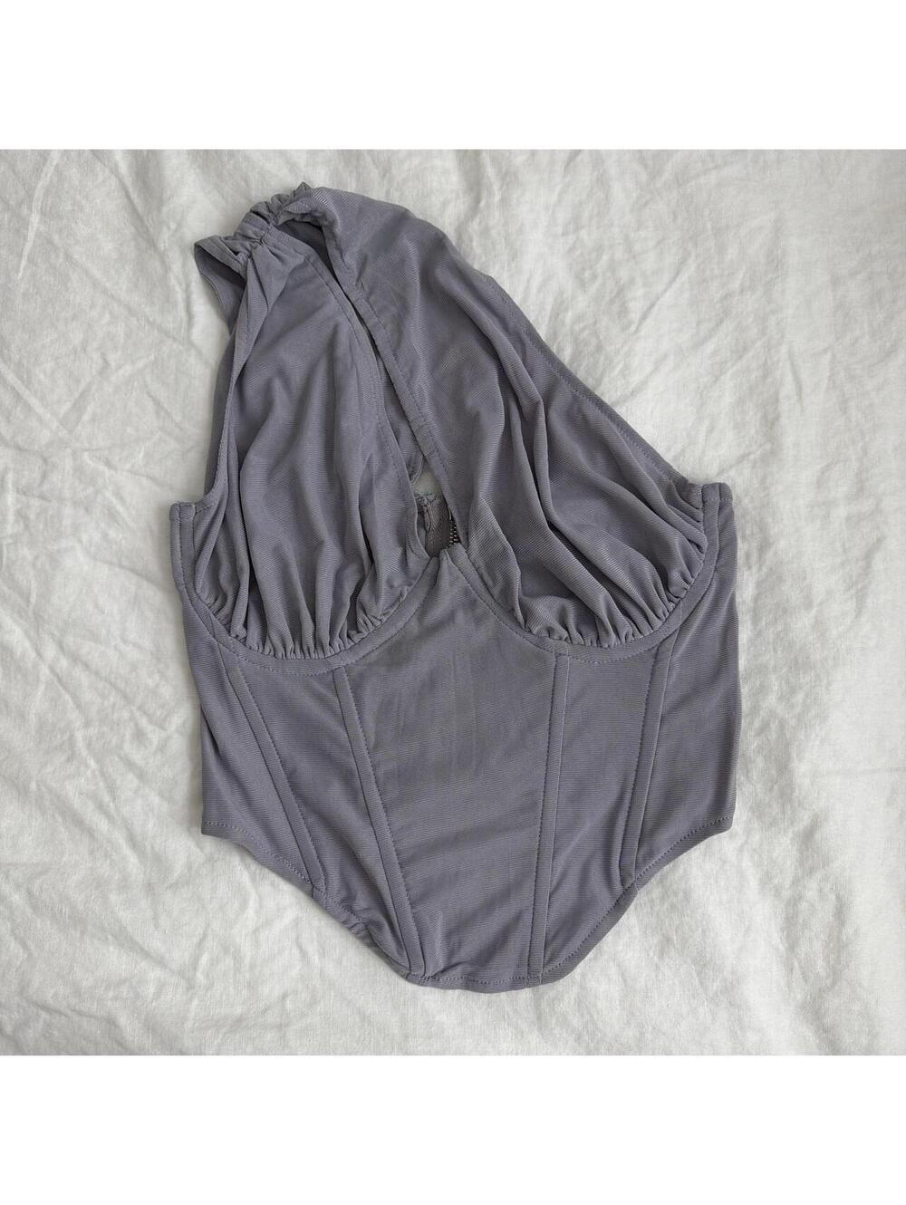 Missguided Grey Mesh One-Shoulder Corset Top - Coquette, Whimsy Goth, Y2K